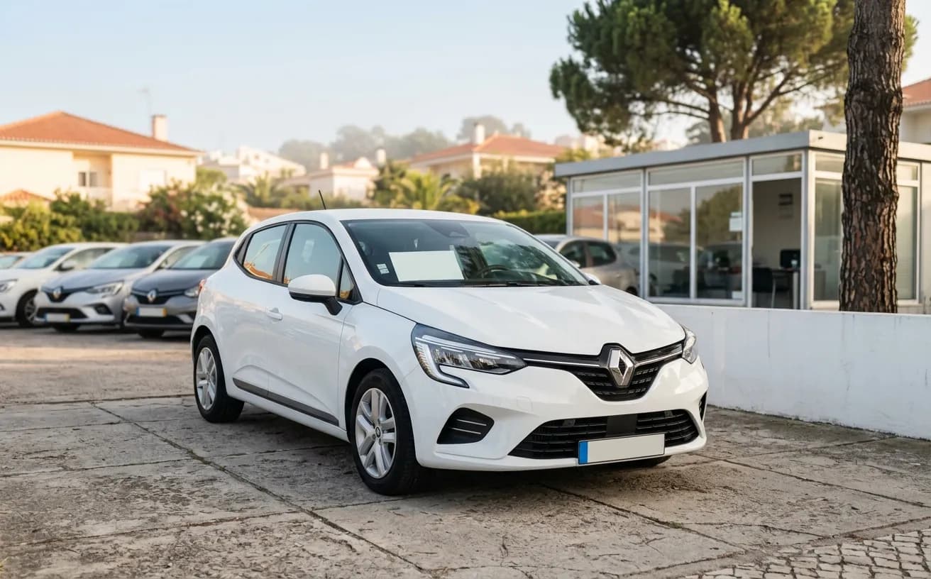 Renault Clio estacionado no stand Auto Promoção, luz da manhã