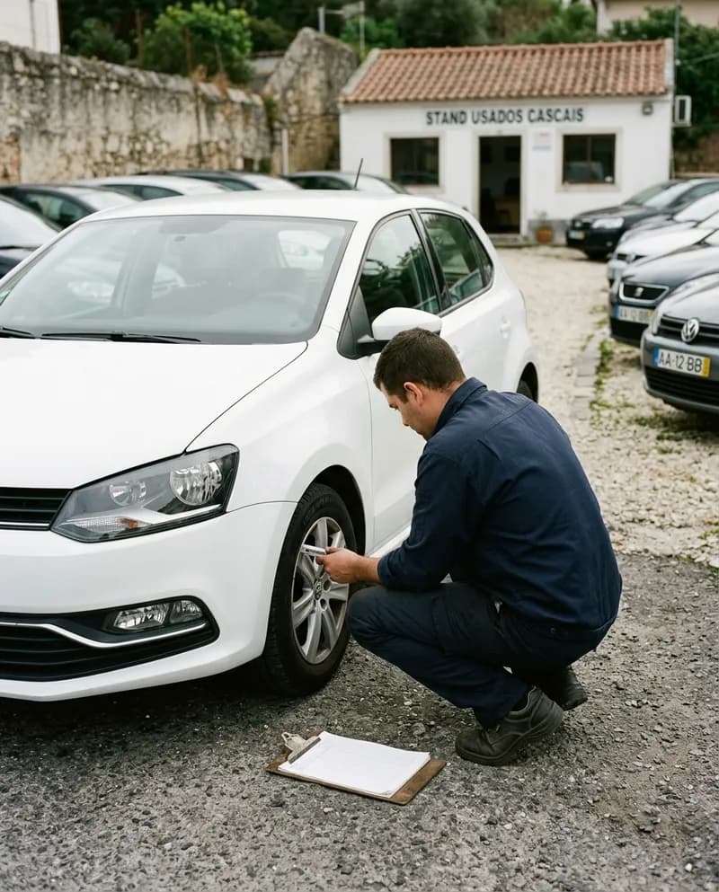 Mecânico a verificar o piso de um pneu num carro do stand