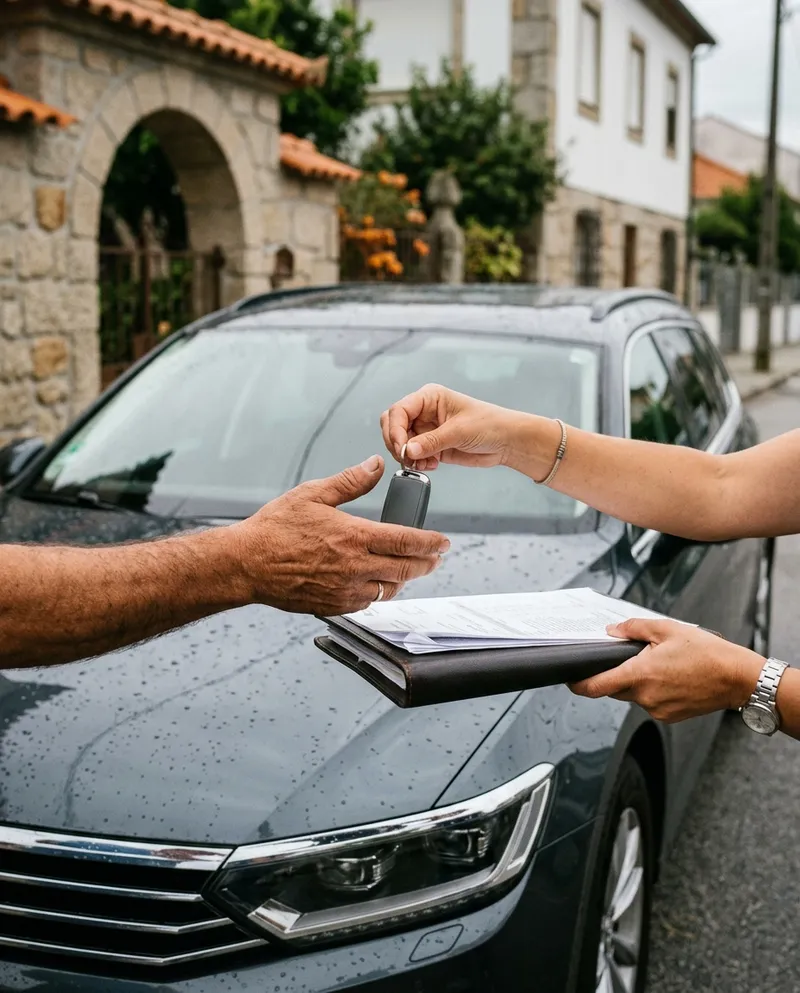 Entrega de um carro a um cliente à porta de casa, chaves e documentos